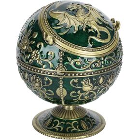 Vintage Ashtray with Lid, Bronze Globe Fly Dragon Shape Windproof Ashtray for Home Office Tearoom Crafts Decoration Ornament