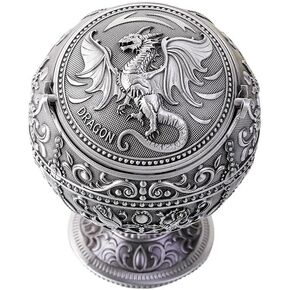 Windproof Large Ashtray with Flip Lid for Cigarettes, Portable Metal Dragon Print Home Decorative Ashtray for Patio Indoor Outdoor, Cone Incense Burner