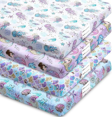 4 Pcs Kids Nap Mat Sheet 24 x 48 x 4 Inch Preschool Daycare Rest Mat Cover with Name Tag Mermaid Baby Crib Sheet Nap Mats for Girls Baby Toddler Sleeping Classroom Nursery, Not Included Mat in Saudi Arabia