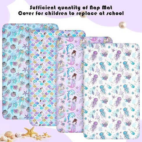 4 Pcs Kids Nap Mat Sheet 24 x 48 x 4 Inch Preschool Daycare Rest Mat Cover with Name Tag Mermaid Baby Crib Sheet Nap Mats for Girls Baby Toddler Sleeping Classroom Nursery, Not Included Mat in Saudi Arabia