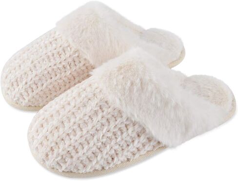 DL Women's Comfy Knit Slippers with Warm Plush Faux Fur Lining, Memory Foam Slip on Slippers with Anti-Skid Rubber Sole, Beige, 9-10 in Saudi Arabia