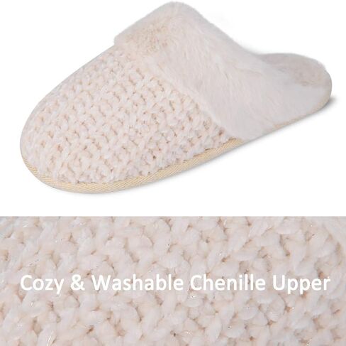 DL Women's Comfy Knit Slippers with Warm Plush Faux Fur Lining, Memory Foam Slip on Slippers with Anti-Skid Rubber Sole, Beige, 9-10 in Saudi Arabia