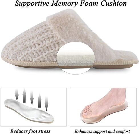 DL Women's Comfy Knit Slippers with Warm Plush Faux Fur Lining, Memory Foam Slip on Slippers with Anti-Skid Rubber Sole, Beige, 9-10 in Saudi Arabia