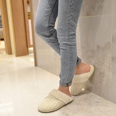 DL Women's Comfy Knit Slippers with Warm Plush Faux Fur Lining, Memory Foam Slip on Slippers with Anti-Skid Rubber Sole, Beige, 9-10 in Saudi Arabia