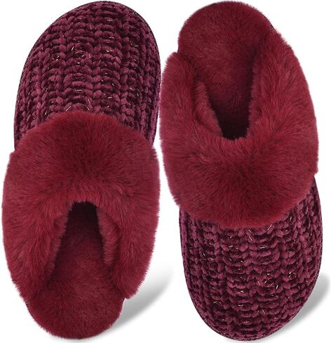 DL Women's Comfy Knit Slippers with Warm Plush Faux Fur Lining, Memory Foam Slip on Slippers with Anti-Skid Rubber Sole, Beige, 9-10 in Saudi Arabia