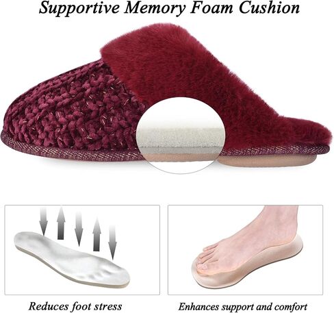 DL Women's Comfy Knit Slippers with Warm Plush Faux Fur Lining, Memory Foam Slip on Slippers with Anti-Skid Rubber Sole, Beige, 9-10 in Saudi Arabia