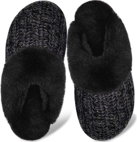 DL Women's Comfy Knit Slippers with Warm Plush Faux Fur Lining, Memory Foam Slip on Slippers with Anti-Skid Rubber Sole, Beige, 9-10 in Saudi Arabia