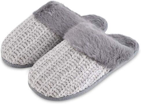 شبشب نسائي منسوج مريح من DL مع بطانة دافئة من الفرو الصناعي، شبشب سهل الارتداء من الإسفنج الذكي مع نعل مطاطي مضاد للانزلاق، بيج، 9-10 in Kuwait