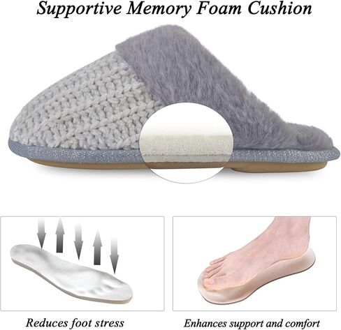 شبشب نسائي منسوج مريح من DL مع بطانة دافئة من الفرو الصناعي، شبشب سهل الارتداء من الإسفنج الذكي مع نعل مطاطي مضاد للانزلاق، بيج، 9-10 in Kuwait