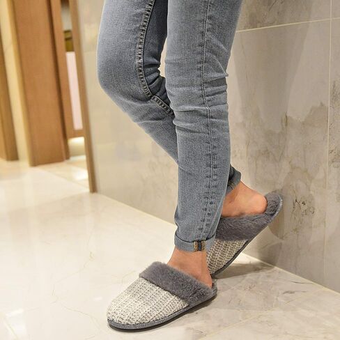 شبشب نسائي منسوج مريح من DL مع بطانة دافئة من الفرو الصناعي، شبشب سهل الارتداء من الإسفنج الذكي مع نعل مطاطي مضاد للانزلاق، بيج، 9-10 in Kuwait