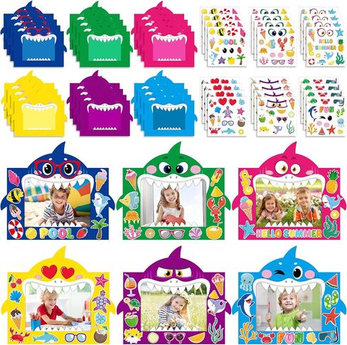 Pasimy 48 Pcs Summer DIY Picture Frames Craft Kits with Sticker Shark Shape Picture Frames Sea Theme Photo Frame Handmade Craft Decorate Gifts for Home Party Preschool Classroom Activities Games in Saudi Arabia