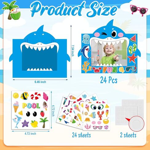 Pasimy 48 Pcs Summer DIY Picture Frames Craft Kits with Sticker Shark Shape Picture Frames Sea Theme Photo Frame Handmade Craft Decorate Gifts for Home Party Preschool Classroom Activities Games in Saudi Arabia