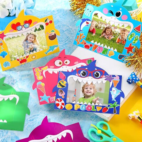 Pasimy 48 Pcs Summer DIY Picture Frames Craft Kits with Sticker Shark Shape Picture Frames Sea Theme Photo Frame Handmade Craft Decorate Gifts for Home Party Preschool Classroom Activities Games in Saudi Arabia