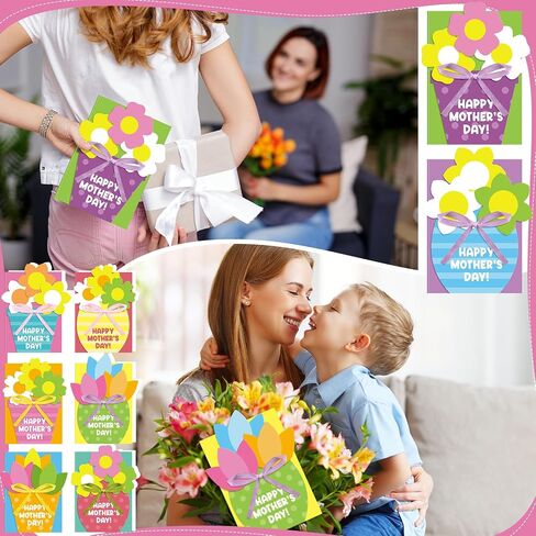 Geyee 16 Sets Mother's Day Greeting Card Kit for Kids Flower Pots Card Making Kit with Ribbon Happy Mother's Day DIY Card Art and Craft Projects Gifts for Kids Classroom Game Home Fun Activities in Saudi Arabia