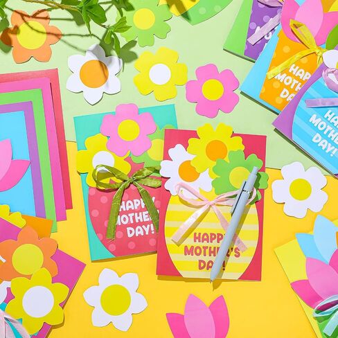 Geyee 16 Sets Mother's Day Greeting Card Kit for Kids Flower Pots Card Making Kit with Ribbon Happy Mother's Day DIY Card Art and Craft Projects Gifts for Kids Classroom Game Home Fun Activities in Saudi Arabia