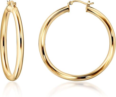 Barzel 18K Gold Plated 4MM Solid Hoop Earrings For Women, Varying sizes 10-60mm, High Polish Finish, Tarnish Free. Made In Brazil in Saudi Arabia