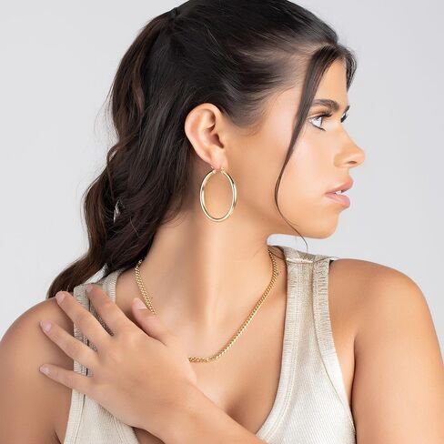 Barzel 18K Gold Plated 4MM Solid Hoop Earrings For Women, Varying sizes 10-60mm, High Polish Finish, Tarnish Free. Made In Brazil in Saudi Arabia