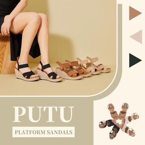 صنادل نسائية من Putu بكعب عريض وشريط كاحل مرن صنادل منصة مفتوحة من الأمام صنادل بكعب عريض متقاطع in Kuwait