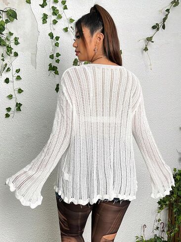 MakeMeChic Women's Plus Size Tie Front Flounce Long Sleeve V Neck Lettuce Trim Cardigan Sweater Outwear in Saudi Arabia