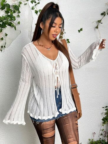 MakeMeChic Women's Plus Size Tie Front Flounce Long Sleeve V Neck Lettuce Trim Cardigan Sweater Outwear in Saudi Arabia