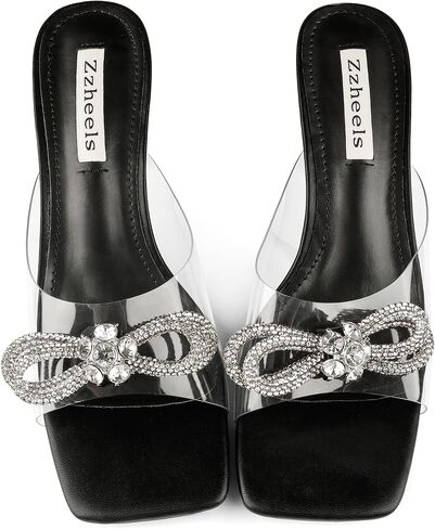 صنادل Zzheels سهلة الارتداء بكعب مكتنز شفاف للنساء بكعب منخفض وأحذية مربعة عند الأصابع للفستان in Kuwait