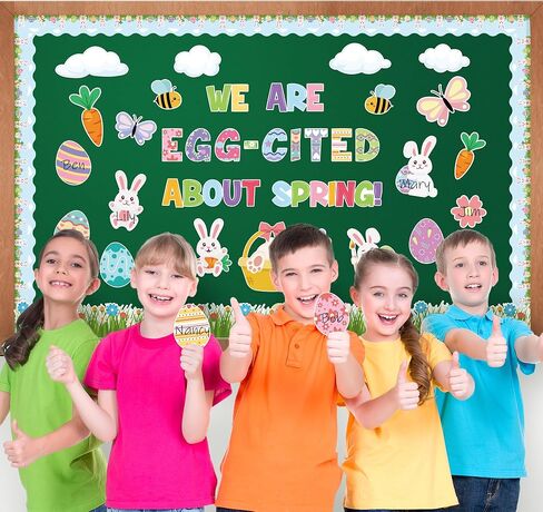 قطع بيض عيد الفصح الربيعي - 147 قطعة من أرنب عيد الفصح الربيعي، لوحة نشرة البيض الملونة، ديكور الفصل الدراسي، نحن نستشهد بالبيض حول حدود بيضة الأرنب الربيعي، حدود حواف الفصل الدراسي، ديكور جدار السبورة in Kuwait