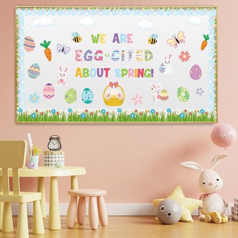 قطع بيض عيد الفصح الربيعي - 147 قطعة من أرنب عيد الفصح الربيعي، لوحة نشرة البيض الملونة، ديكور الفصل الدراسي، نحن نستشهد بالبيض حول حدود بيضة الأرنب الربيعي، حدود حواف الفصل الدراسي، ديكور جدار السبورة in Kuwait
