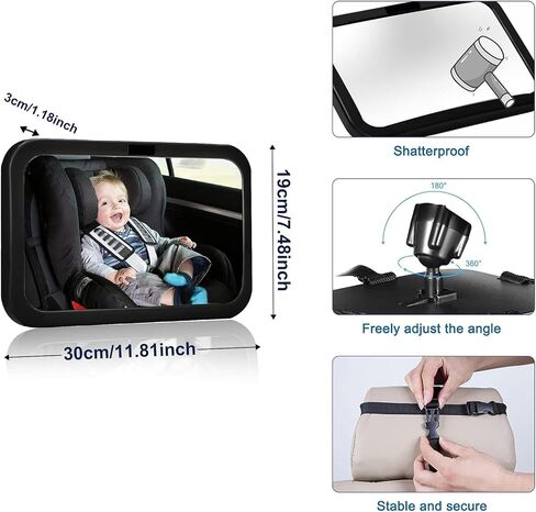Baby Car Mirror - Upgraded Car Mirror for Baby Acrylic Large Convex Mirror Double Strap Baby Mirror for Car with Free Rotation In 360 Degrees Car Seat Mirror Ensure Travel Safety in Saudi Arabia
