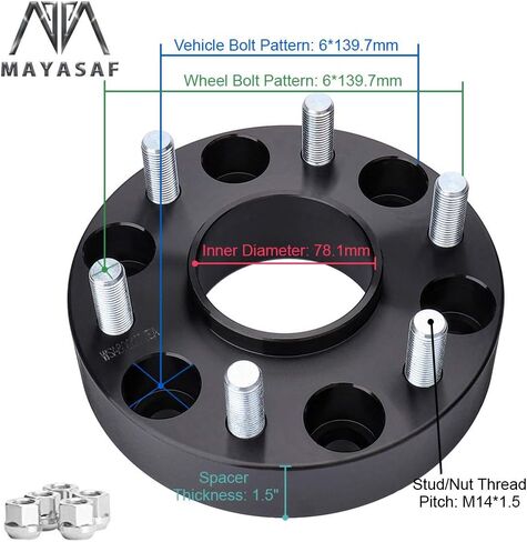 فواصل عجلات MAYASAF Hubcentric [عبوتان، سمك 1.5 بوصة، 6 عروات] لسيارة Chevy Silverado (GMC Sierra) 1500/2500، Tahoe/Yukon، لسيارة Cadillac Escalade، نمط مسمار 6x5.5، 78.1 Hub Bore، M14x1.5 Studs in Saudi Arabia