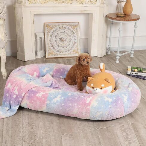 Gaint Human Dog Bed for Adults, Calming Dog Bed Fits Pet Families with Fluffy Blanket and Pillow, Oval Anti-Anxiety Bean Bag Dog Bed, Brown in Saudi Arabia