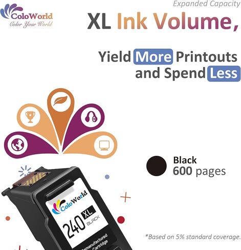 استبدال خرطوشة الحبر المعاد تصنيعها من ColoWorld لـ Canon 240 PG-240XL لطابعة Pixma MG3620 MG3600 MX452 MG2120 MG3520 MX472 MG3220 MX432 MG2220 MX512 MG3122 MG3222 MG3120 (1 أسود) in Kuwait