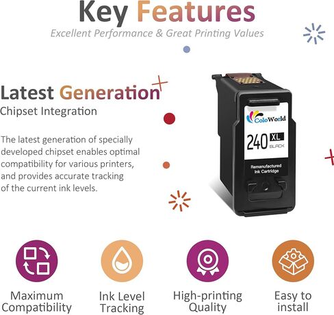استبدال خرطوشة الحبر المعاد تصنيعها من ColoWorld لـ Canon 240 PG-240XL لطابعة Pixma MG3620 MG3600 MX452 MG2120 MG3520 MX472 MG3220 MX432 MG2220 MX512 MG3122 MG3222 MG3120 (1 أسود) in Kuwait