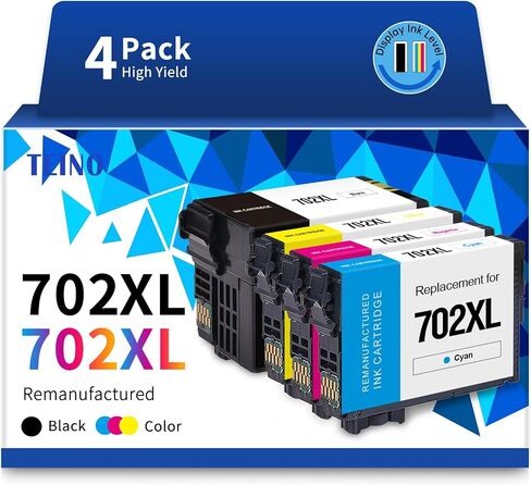 TEINO 702XL خراطيش الحبر كومبو حزمة استبدال خرطوشة الحبر المعاد تصنيعها لإبسون 702 XL 702XL T702XL لطابعة Epson Workforce Pro WF-3720 WF-3733 WF-3730 (أسود سماوي أرجواني أصفر، 4 عبوات) in Saudi Arabia