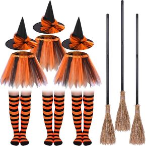 Mepase 12 Pcs Halloween Witch Tutu Outfit Set for Women Include 3 Pcs Witch Tutu 3 Pcs Witch Hat 3 Pairs Striped Thigh High Socks 3 Pcs Witch Broom Witch Costume Set for Halloween Cosplay Party in Kuwait