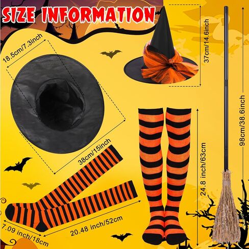 Mepase 12 Pcs Halloween Witch Tutu Outfit Set for Women Include 3 Pcs Witch Tutu 3 Pcs Witch Hat 3 Pairs Striped Thigh High Socks 3 Pcs Witch Broom Witch Costume Set for Halloween Cosplay Party in Kuwait