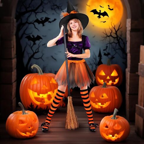 Mepase 12 Pcs Halloween Witch Tutu Outfit Set for Women Include 3 Pcs Witch Tutu 3 Pcs Witch Hat 3 Pairs Striped Thigh High Socks 3 Pcs Witch Broom Witch Costume Set for Halloween Cosplay Party in Kuwait