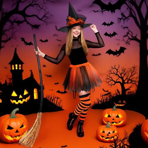 Mepase 12 Pcs Halloween Witch Tutu Outfit Set for Women Include 3 Pcs Witch Tutu 3 Pcs Witch Hat 3 Pairs Striped Thigh High Socks 3 Pcs Witch Broom Witch Costume Set for Halloween Cosplay Party in Kuwait