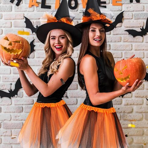 Mepase 12 Pcs Halloween Witch Tutu Outfit Set for Women Include 3 Pcs Witch Tutu 3 Pcs Witch Hat 3 Pairs Striped Thigh High Socks 3 Pcs Witch Broom Witch Costume Set for Halloween Cosplay Party in Kuwait