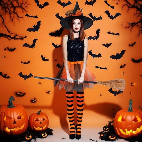 Mepase 12 Pcs Halloween Witch Tutu Outfit Set for Women Include 3 Pcs Witch Tutu 3 Pcs Witch Hat 3 Pairs Striped Thigh High Socks 3 Pcs Witch Broom Witch Costume Set for Halloween Cosplay Party in Kuwait