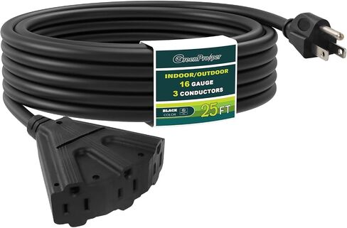 3 Outlets Indoor Outdoor Waterproof Extension Cord 25 FT, 16/3 Heavy Duty Black Electrical Power Cable with Multi Outlets 3 Prong, Great for Outside & Landscaping in Kuwait