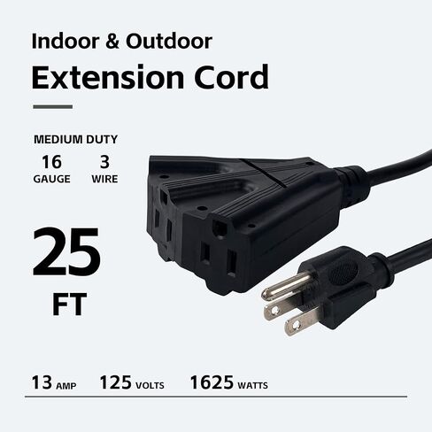3 Outlets Indoor Outdoor Waterproof Extension Cord 25 FT, 16/3 Heavy Duty Black Electrical Power Cable with Multi Outlets 3 Prong, Great for Outside & Landscaping in Kuwait