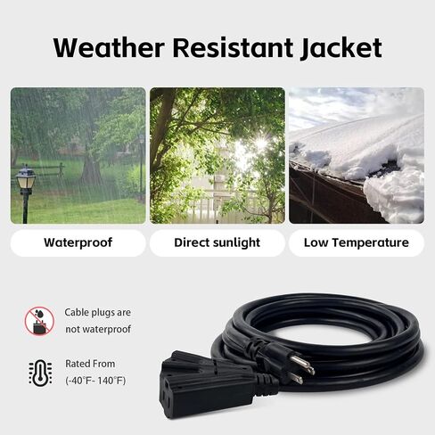 3 Outlets Indoor Outdoor Waterproof Extension Cord 25 FT, 16/3 Heavy Duty Black Electrical Power Cable with Multi Outlets 3 Prong, Great for Outside & Landscaping in Kuwait