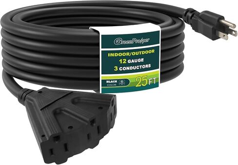 3 Outlets Indoor Outdoor Waterproof Extension Cord 25 FT, 16/3 Heavy Duty Black Electrical Power Cable with Multi Outlets 3 Prong, Great for Outside & Landscaping in Kuwait