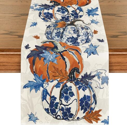 Artoid Mode Pumpkins Maple Leaf Blue and White Porcelain 210 GSM Fall Table Runner, Seasonal Kitchen Dining Table Decoration for Home Party Decor 13x72 Inch in Saudi Arabia