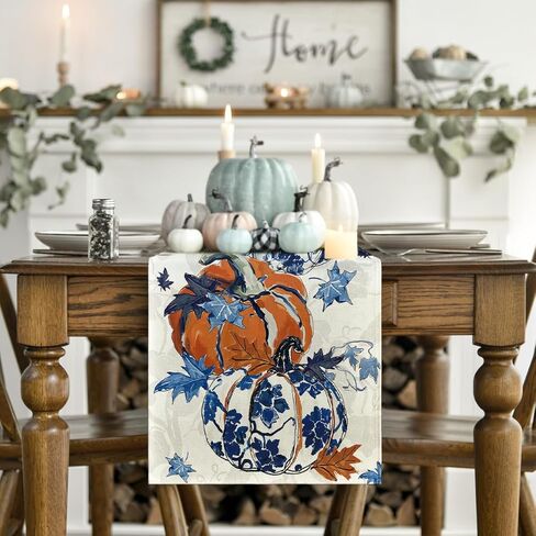 Artoid Mode Pumpkins Maple Leaf Blue and White Porcelain 210 GSM Fall Table Runner, Seasonal Kitchen Dining Table Decoration for Home Party Decor 13x72 Inch in Saudi Arabia