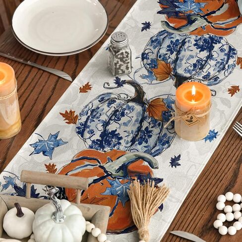 Artoid Mode Pumpkins Maple Leaf Blue and White Porcelain 210 GSM Fall Table Runner, Seasonal Kitchen Dining Table Decoration for Home Party Decor 13x72 Inch in Saudi Arabia