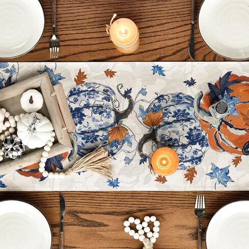 Artoid Mode Pumpkins Maple Leaf Blue and White Porcelain 210 GSM Fall Table Runner, Seasonal Kitchen Dining Table Decoration for Home Party Decor 13x72 Inch in Saudi Arabia