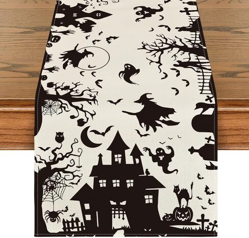 Artoid Mode Black White Spooky Haunted House Tree Ghost Witch Halloween Table Runner ، Fall Kitchen Dining Table Decoration for Home Party Decor in Saudi Arabia