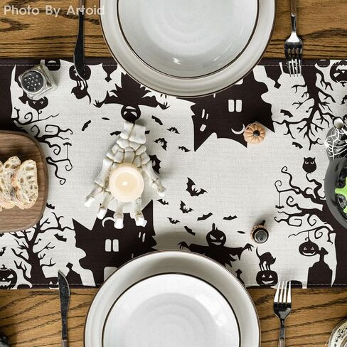 Artoid Mode Black White Spooky Haunted House Tree Ghost Witch Halloween Table Runner ، Fall Kitchen Dining Table Decoration for Home Party Decor in Saudi Arabia