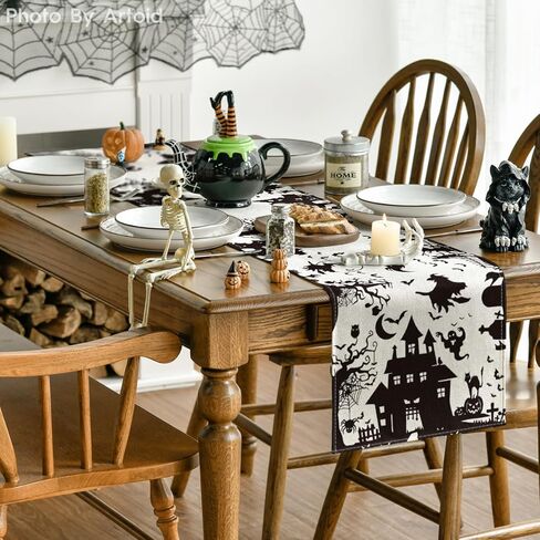 Artoid Mode Black White Spooky Haunted House Tree Ghost Witch Halloween Table Runner ، Fall Kitchen Dining Table Decoration for Home Party Decor in Saudi Arabia